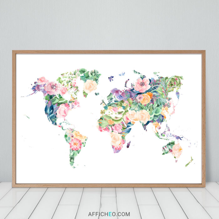 Carte du monde tropicale fleurie et colorée décoration mariage