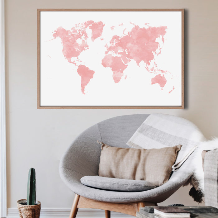 Carte du monde rose aquarelle
