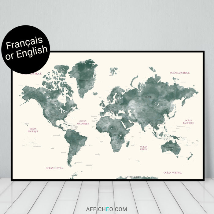 Carte du monde en français verte