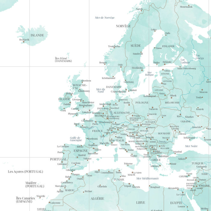 Zoom sur la carte du monde : l'Europe blanche et bleu