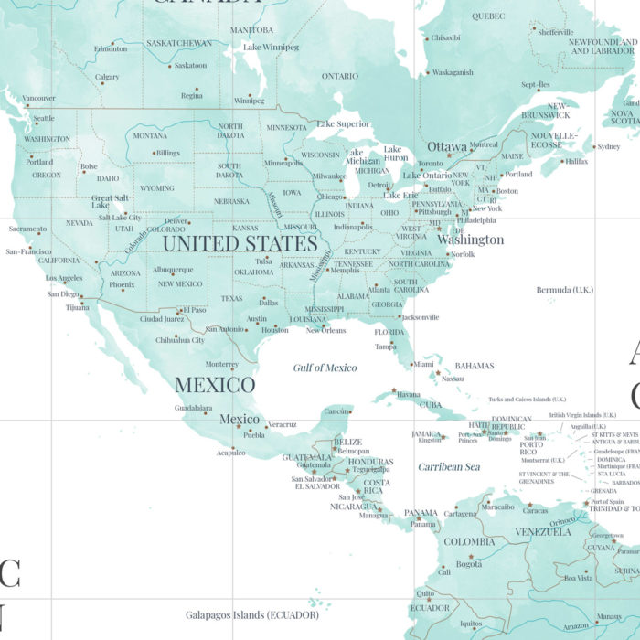 Zoom sur l'Amérique du nord et centrale. Carte du monde murale Afficheo