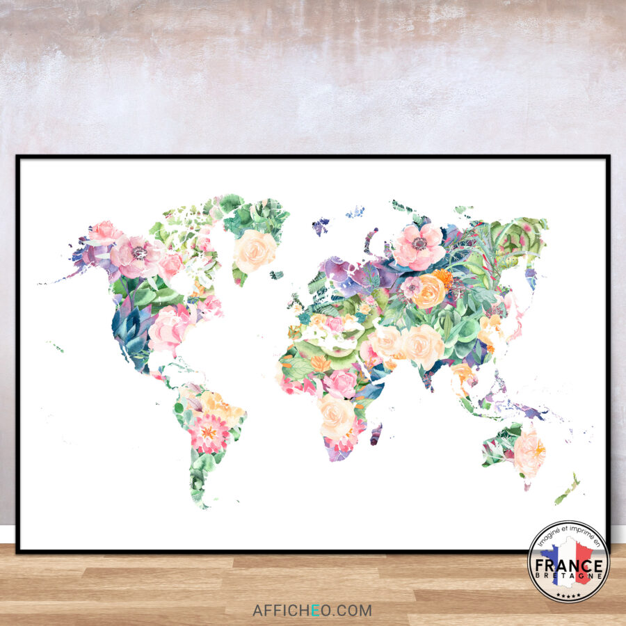 carte du monde tropicale, un affiche déco avec des fleurs aquarelle colorées