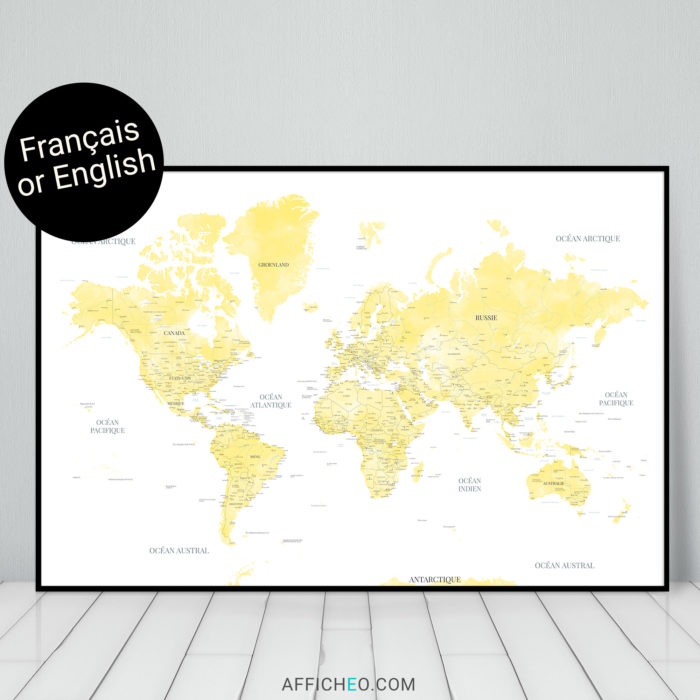 Carte du monde jaune en français jaune