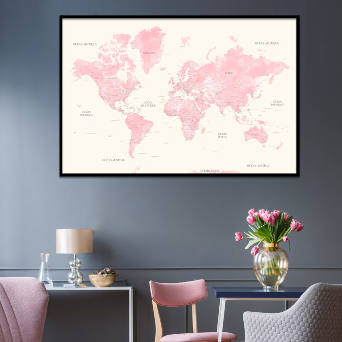 Carte du monde rose en français