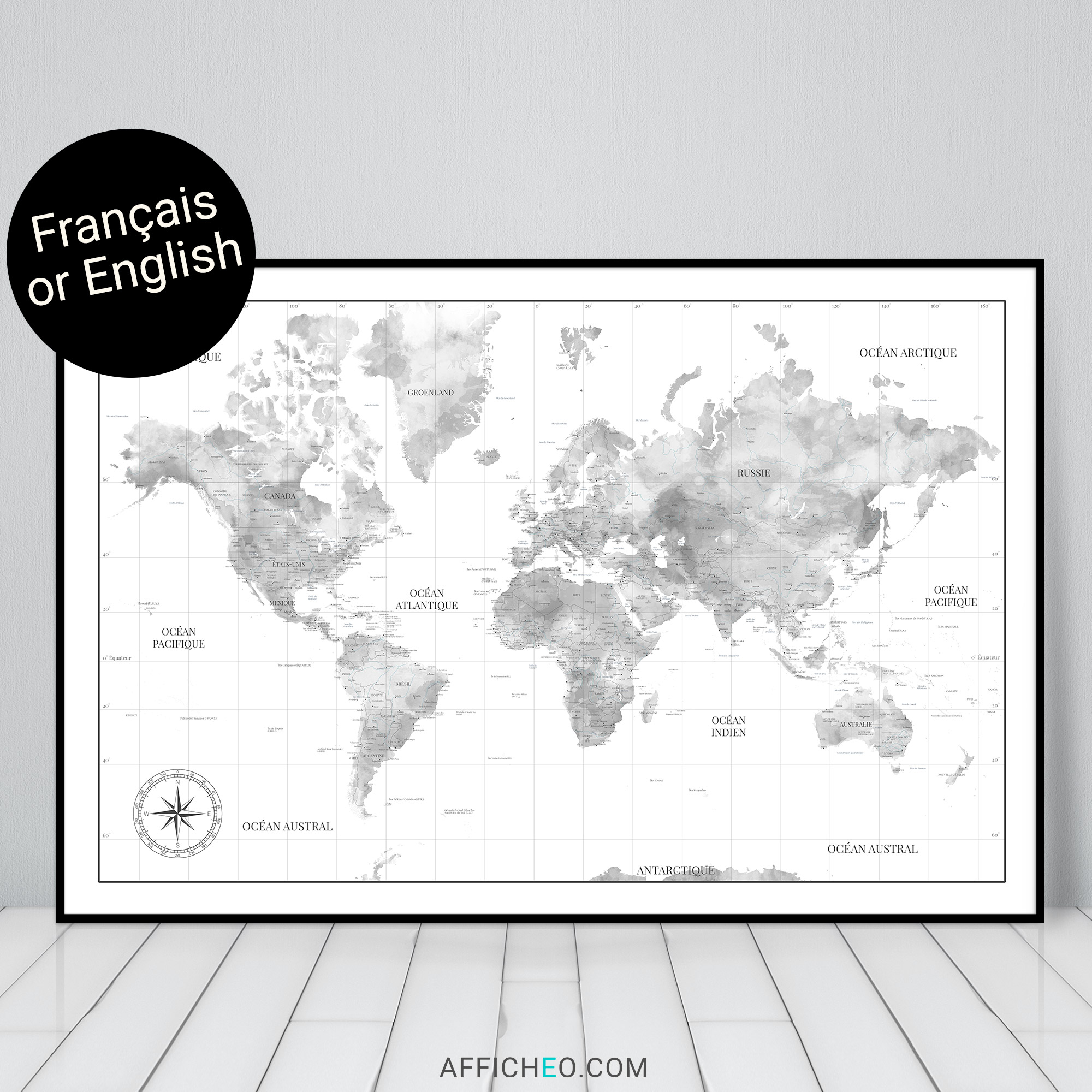 Carte du monde noir et blanc murale en français