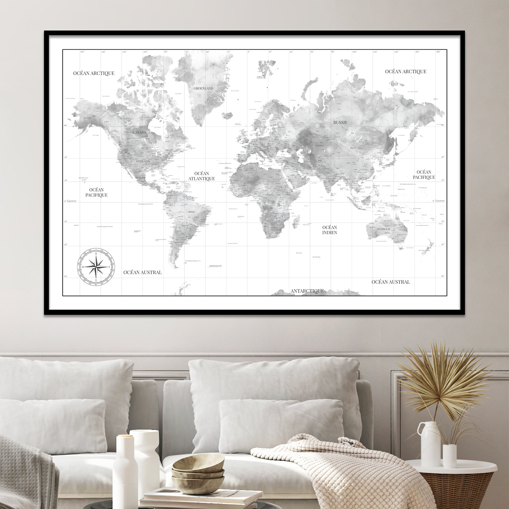 Carte du monde noir et blanc murale en français