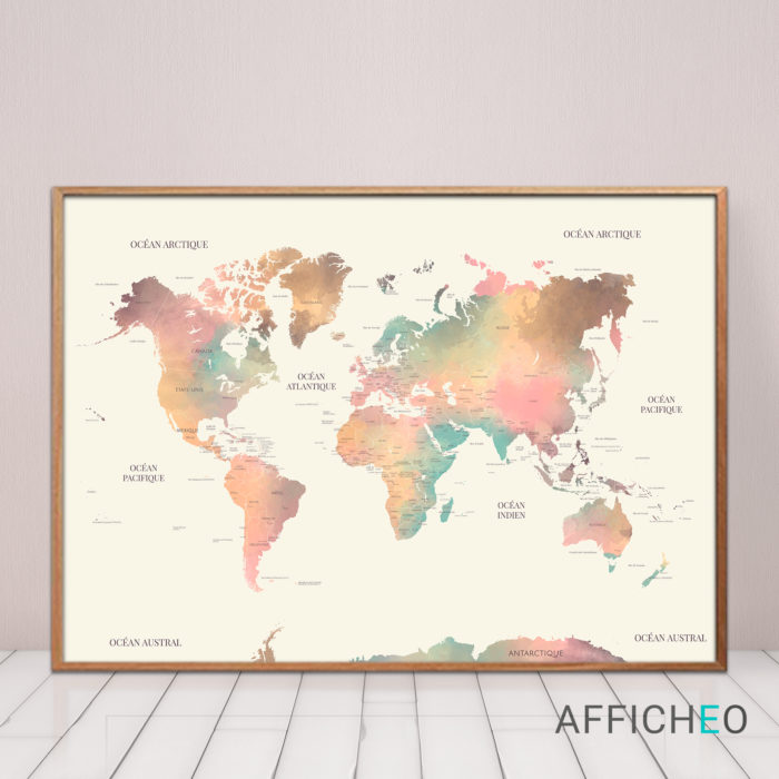 Carte du monde en français aux couleurs pastels