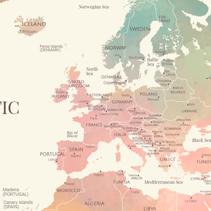 zoom sur l'Europe sur notre carte du monde pastel