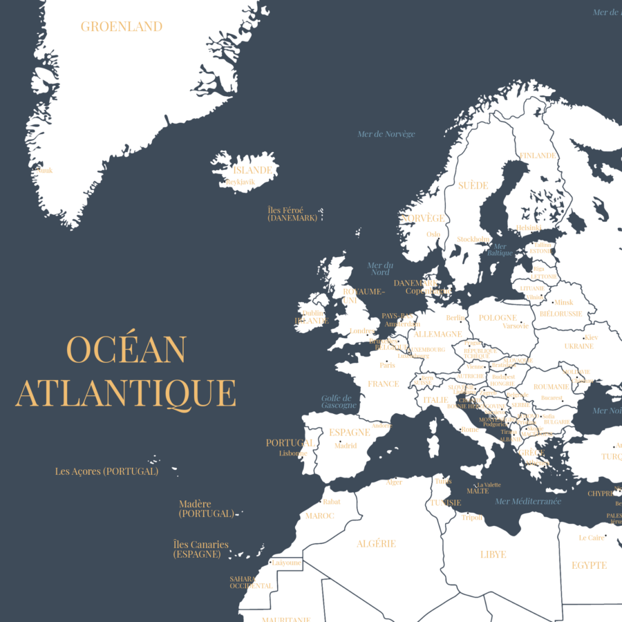 Gros plan sur notre carte du monde décorative bleu marine