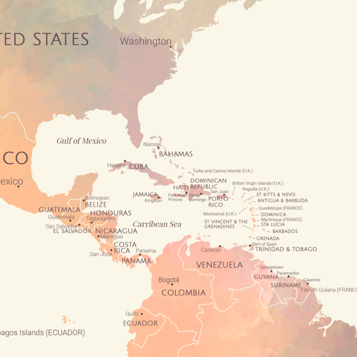 Carte du monde aquarelle aux couleurs pastel (en anglais)