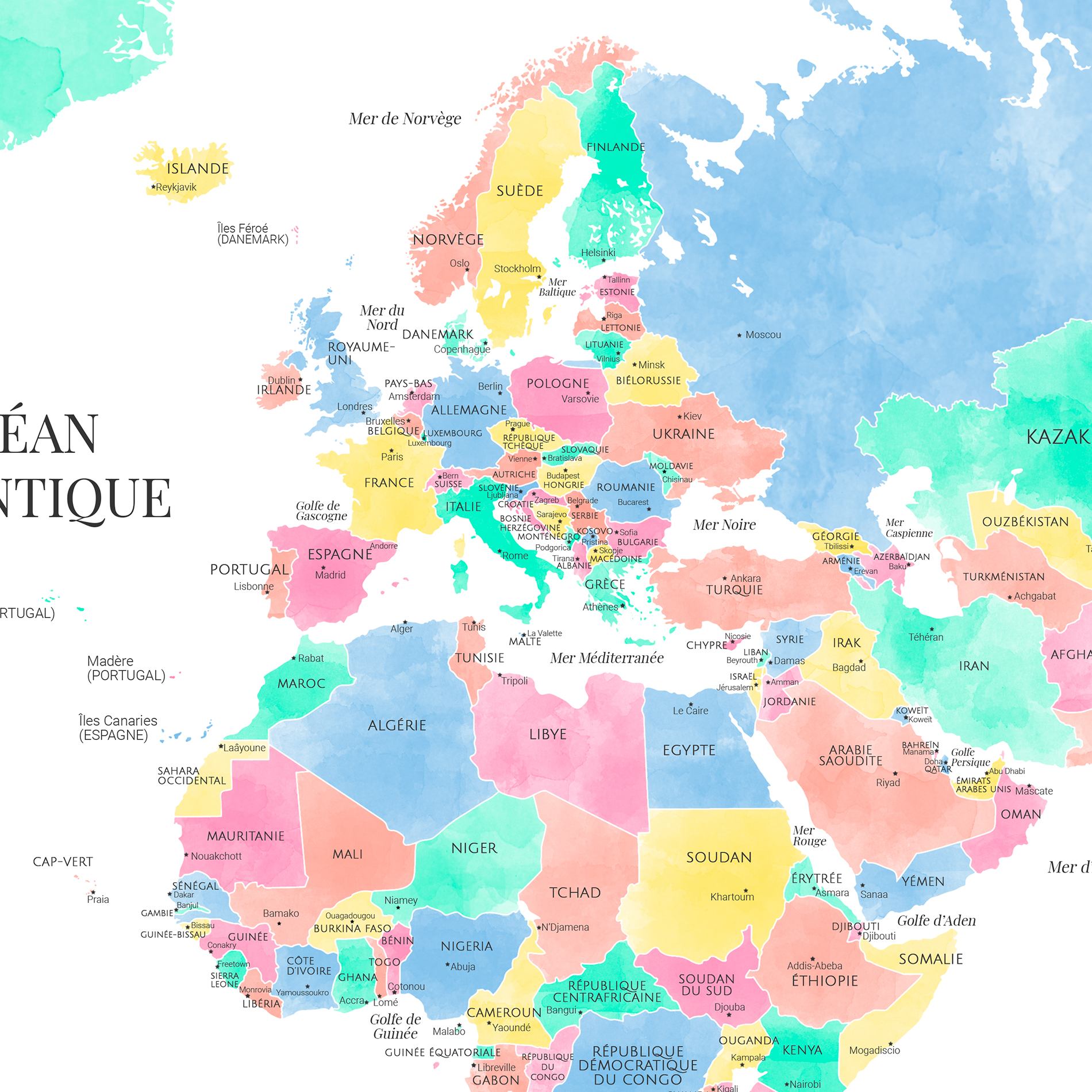 Carte du monde colorée murale (et en français !)