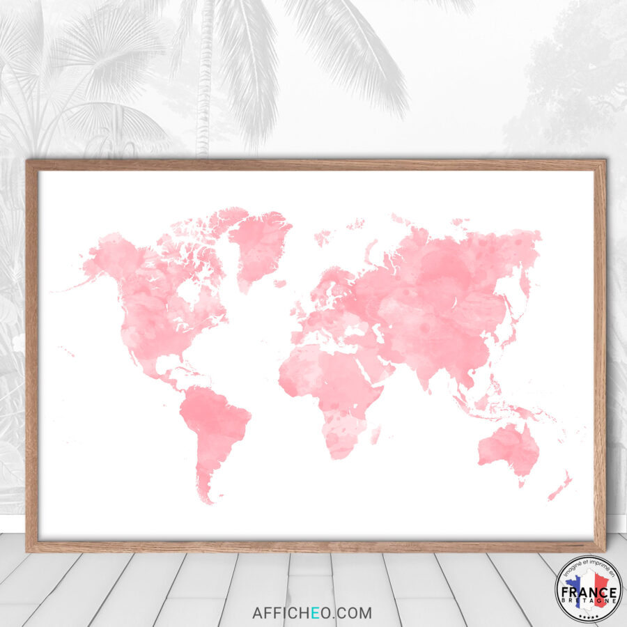 Cadeau de naissance, carte du monde rose aquarelle pour décorer la chambre de bébé