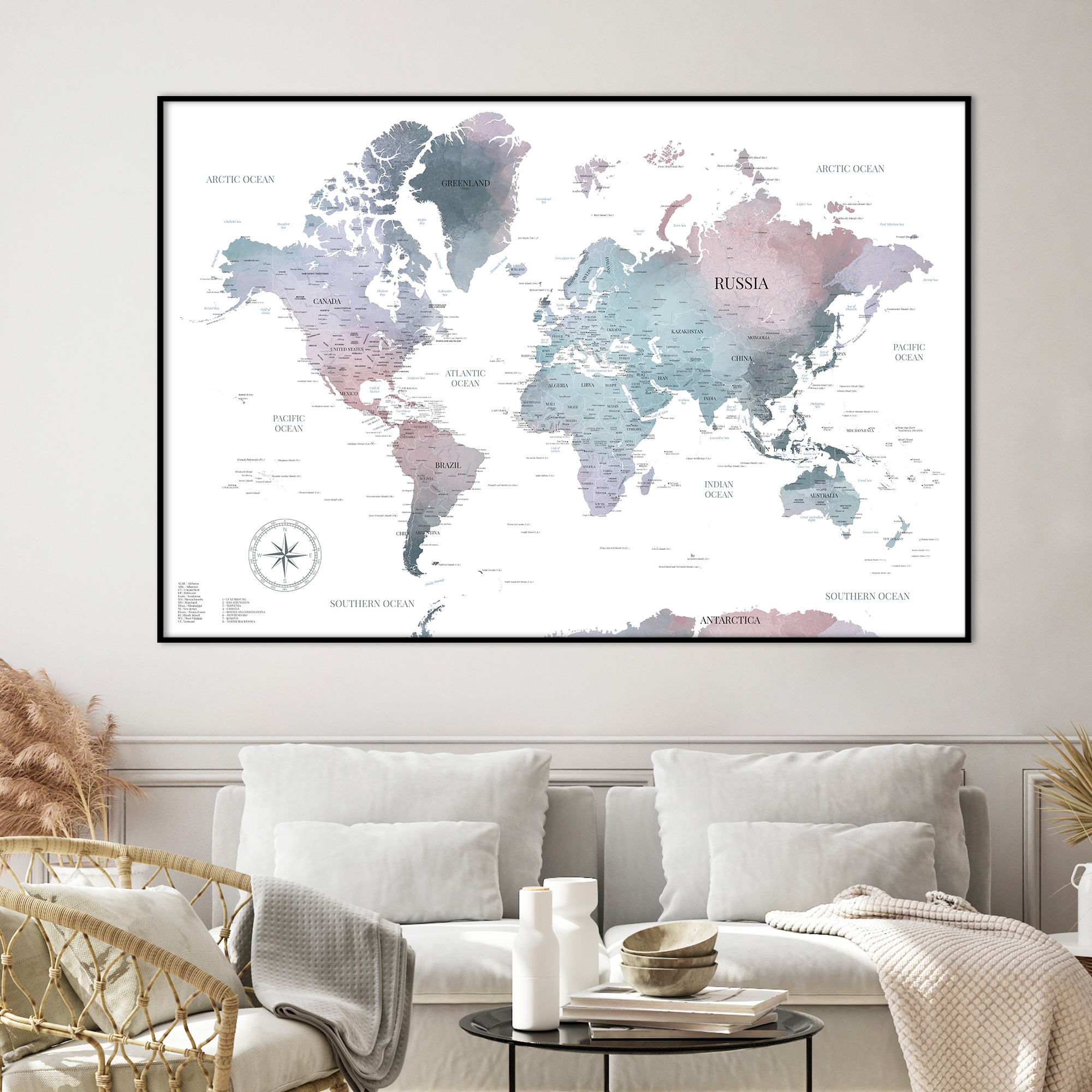 Mappemonde aquarelle Pénélope, une carte du monde murale aux couleurs pastels bleutées et rosées