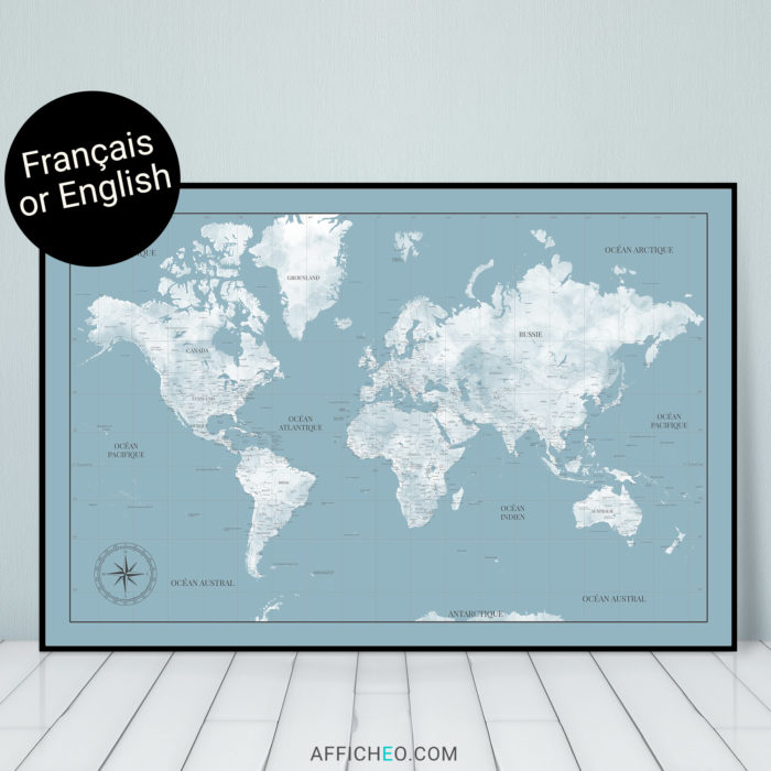 Carte du monde bleue en français