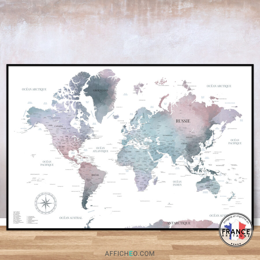 Mappemonde aquarelle Pénélope, une carte du monde murale aux couleurs pastels bleutées et rosées