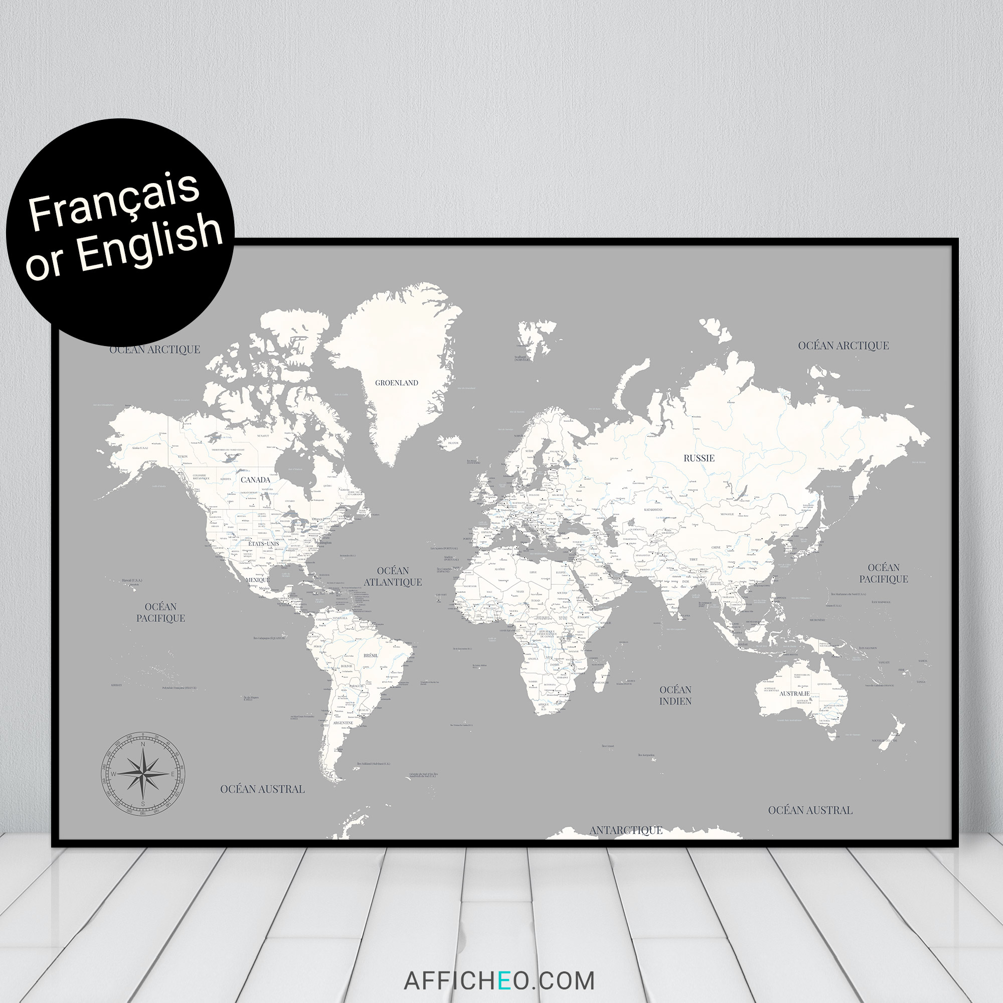 Mappemonde grise • La carte du monde originale en français.