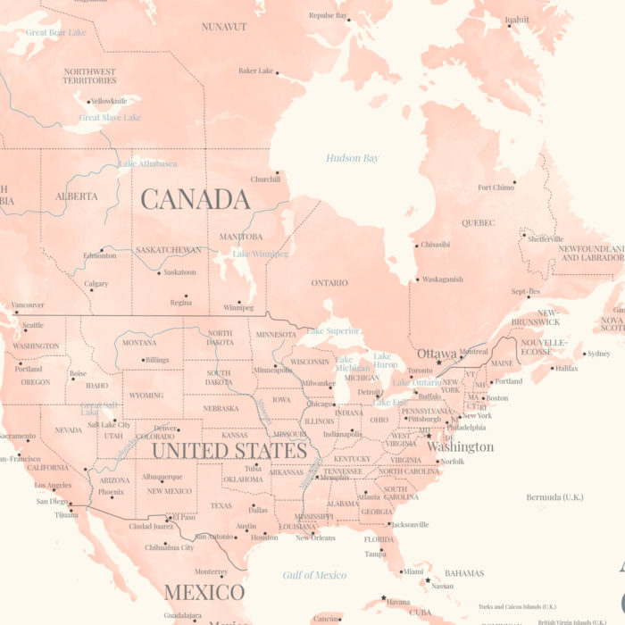 Carte du monde rose pastel en anglais BILLIE