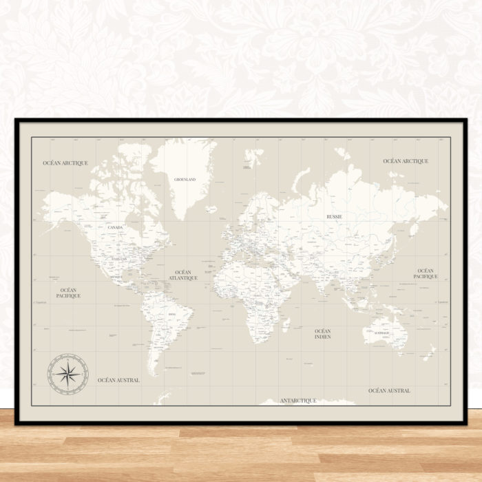 Carte du monde beige grand format