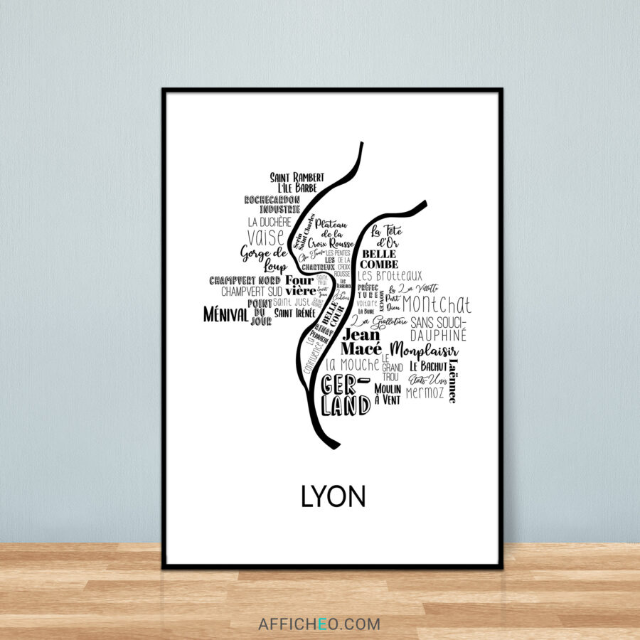 Carte des quartiers de Lyon noir et blanc