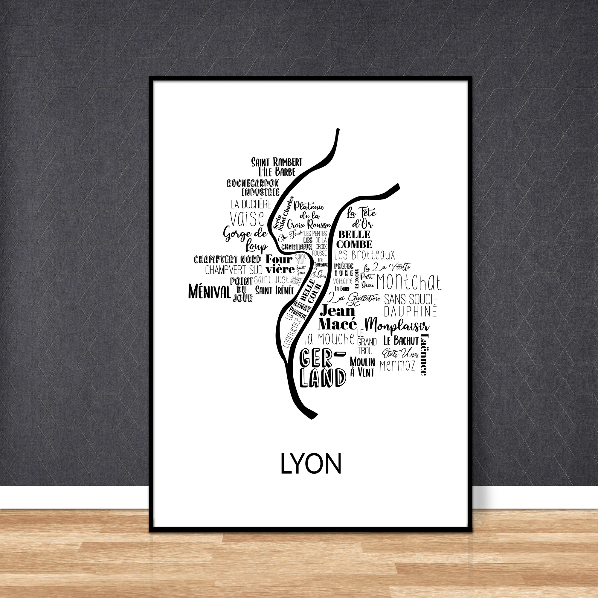 Carte des quartiers de Lyon noir et blanc - Affichéo