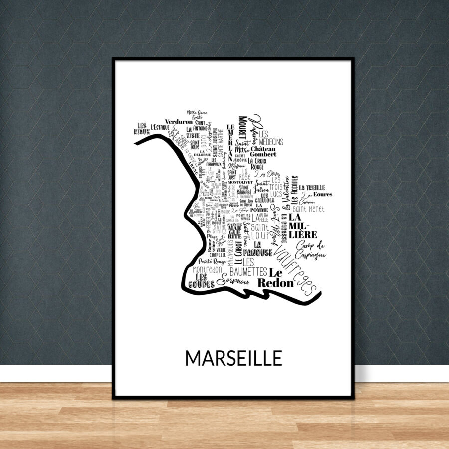Carte des quartiers de Marseille noir et blanc