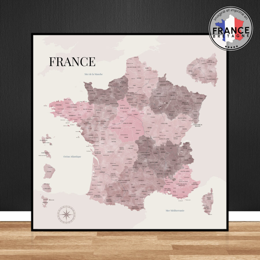 Carte de France style aquarelle rose