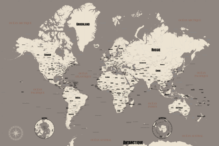Carte du monde tons neutres à personnaliser
