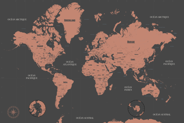 Carte du monde couleur foncé grand format