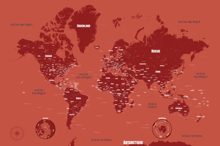 Carte du monde nuances rouges
