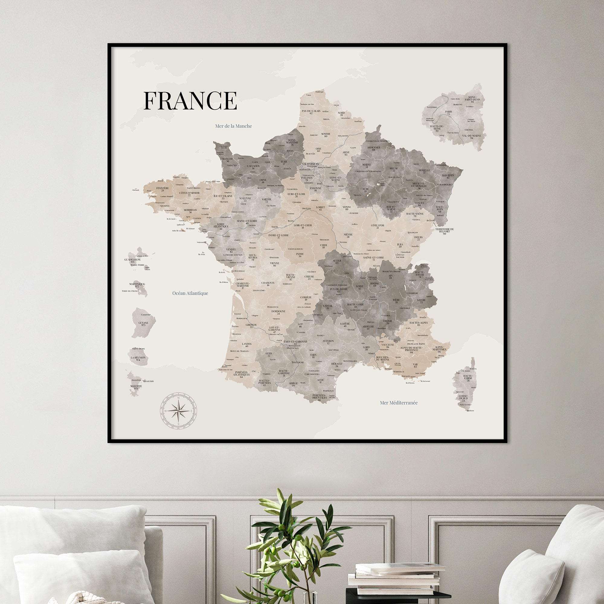 Carte de France déco aquarelle tonalités neutres