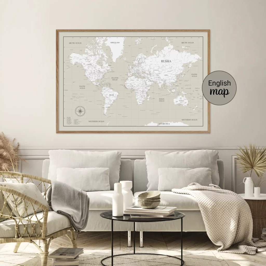 Carte du monde beige Amir encadrée au mur d'un salon