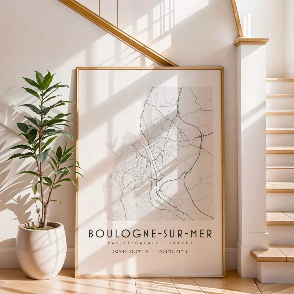Plan des rues de Boulogne sur Mer en noir et blanc encadrée et posée au sol