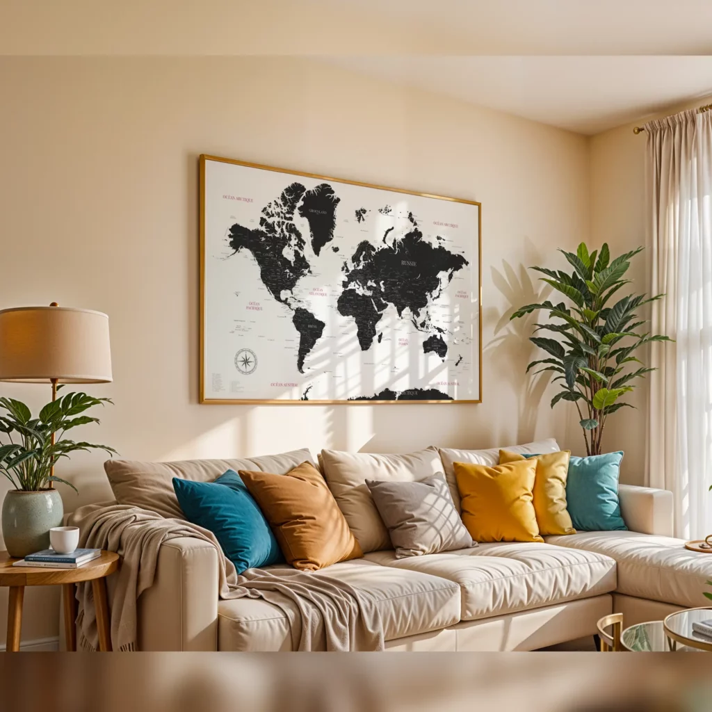 Affiche carte du monde encadrée au dessus d'un canapé