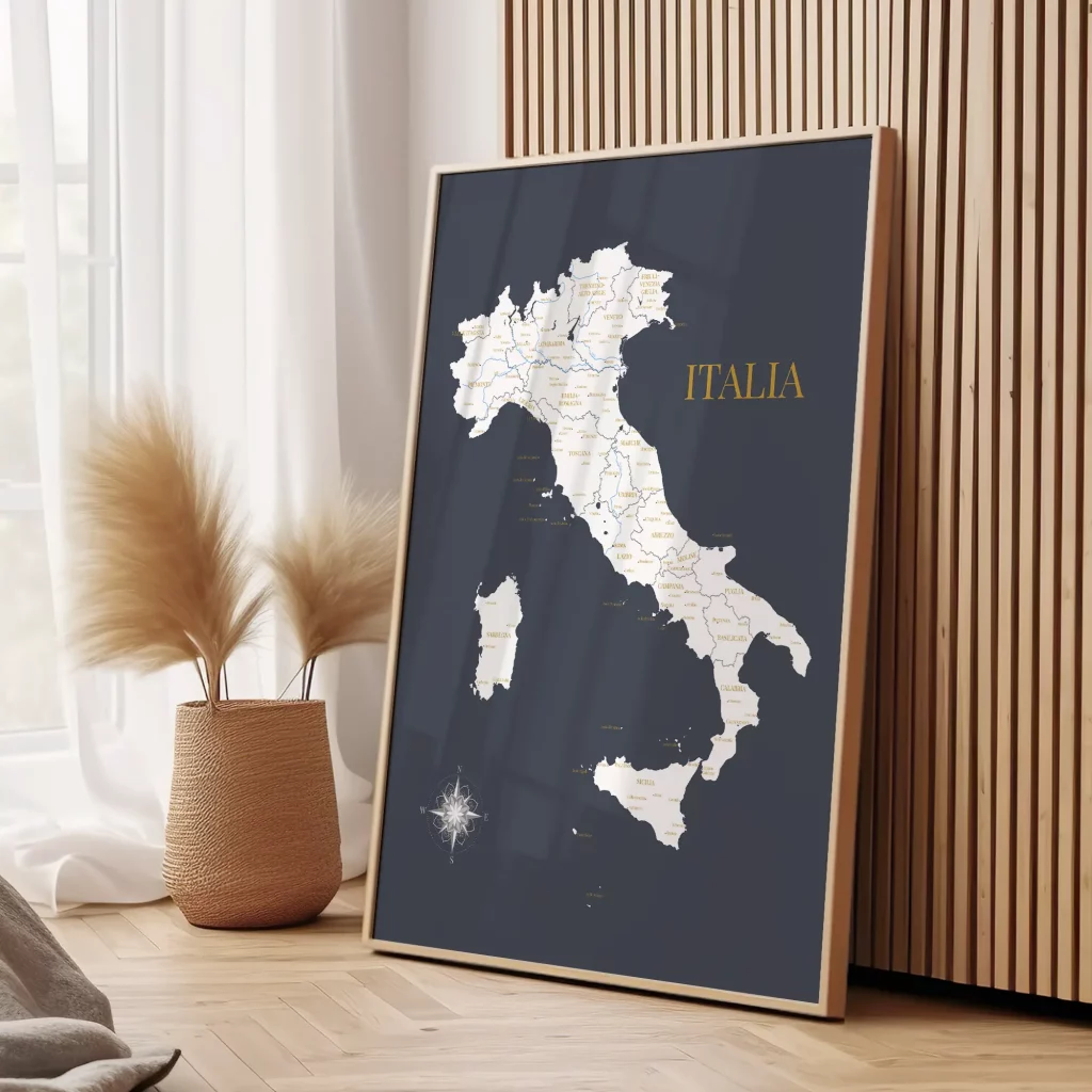 Carte des régions d'Italie, affiche murale bleue et blanche - Affichéo