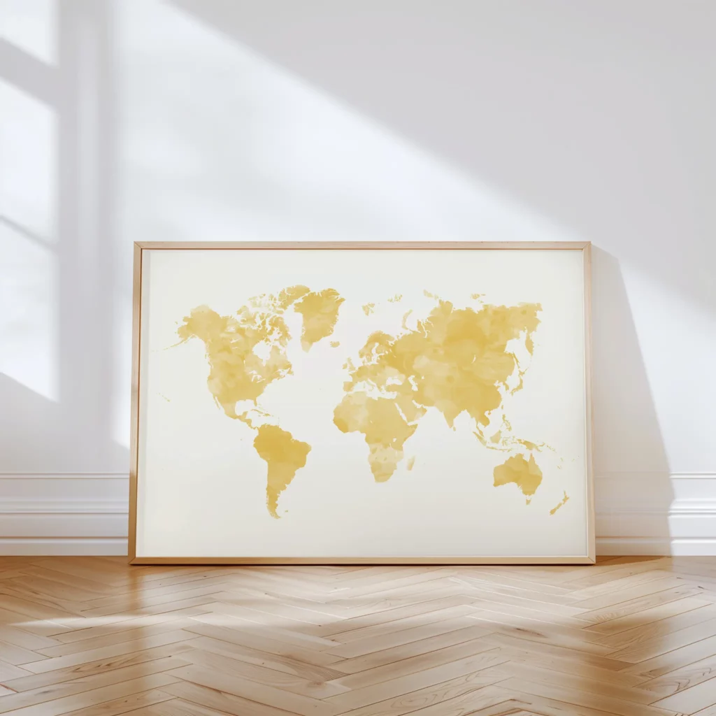 Carte du monde minimaliste jaune encadrée