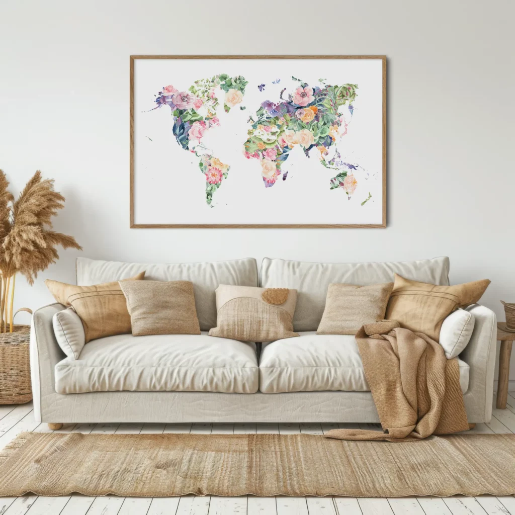 Affiche décorative bohème dans un salon cozy