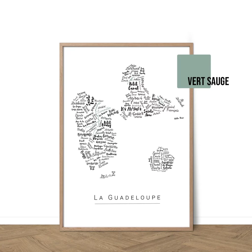 Affiche de La Guadeloupe avec les noms des quartiers personnalisable - Affichéo