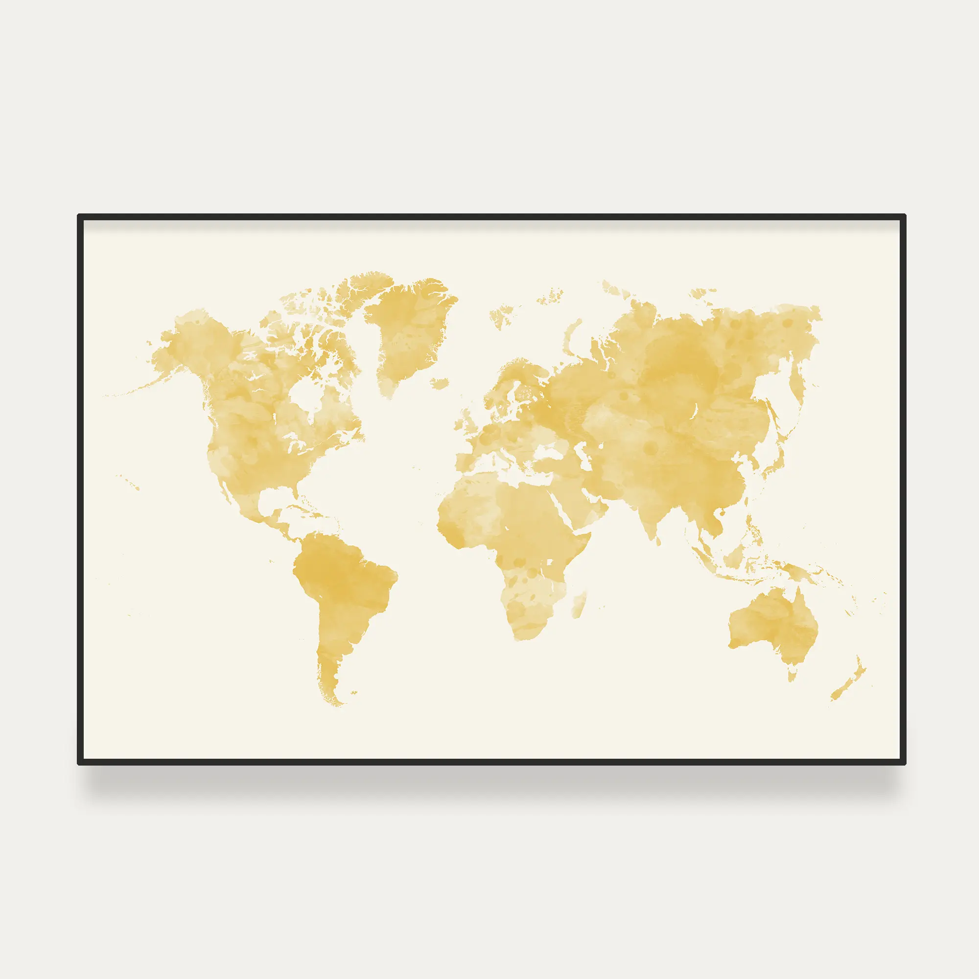 Carte du monde minimaliste jaune contre mur blanc - Affichéo