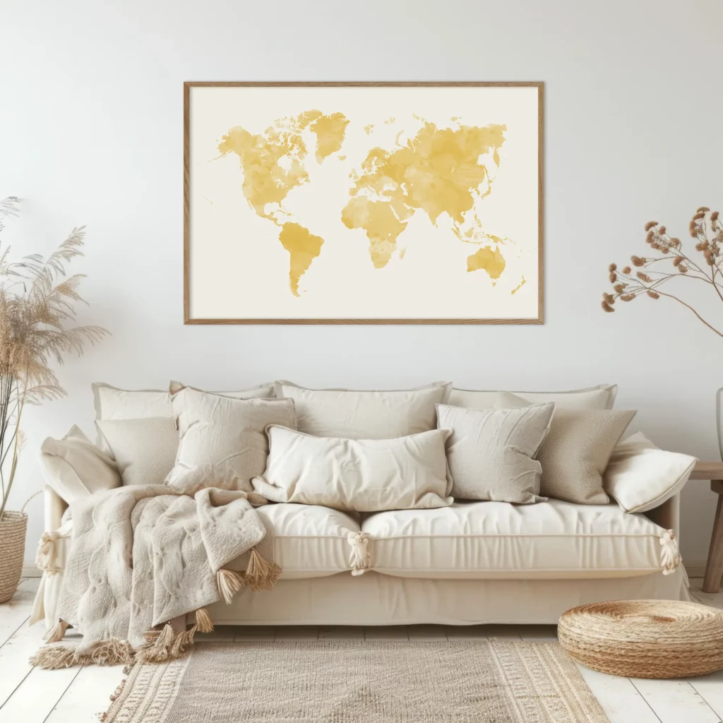 Affiche carte du monde encadrée au dessus d'un canapé