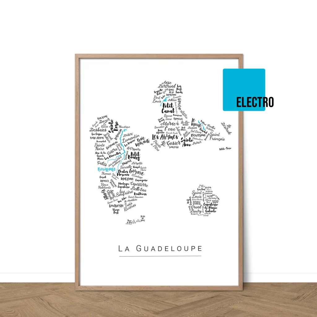 Affiche de La Guadeloupe avec les noms des quartiers personnalisable - Affichéo