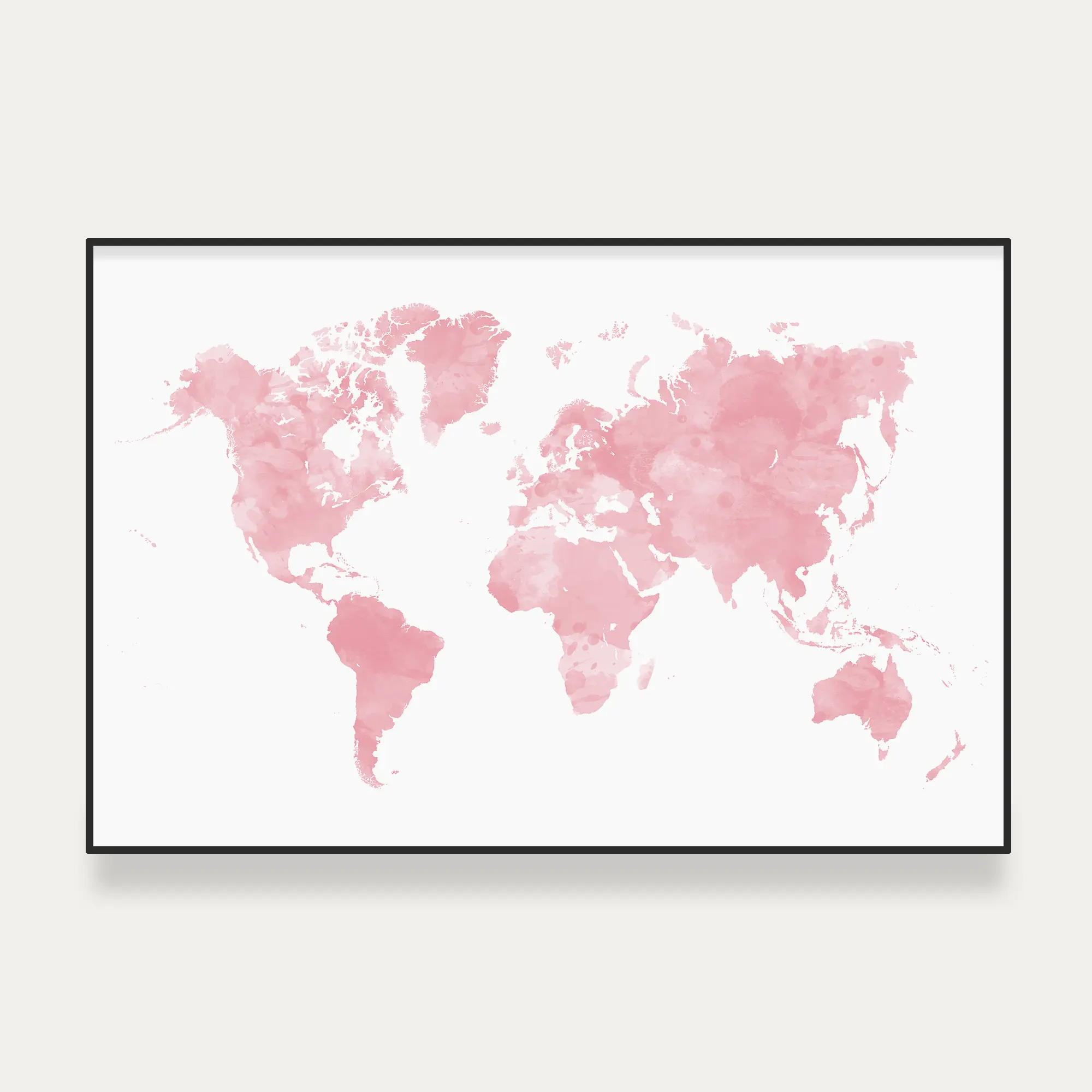 Carte du monde minimaliste rose contre un mur blanc - Affichéo