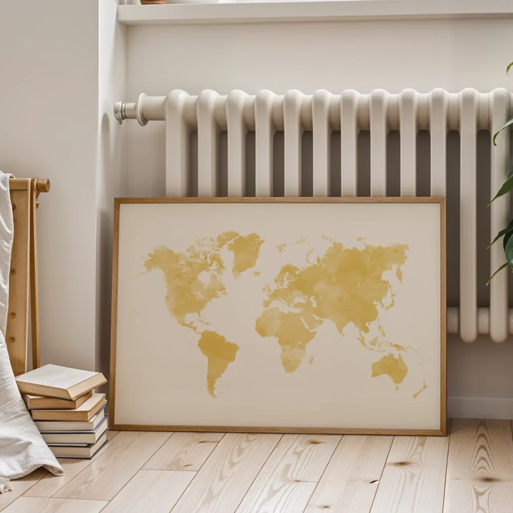 Carte du monde minimaliste jaune encadrée