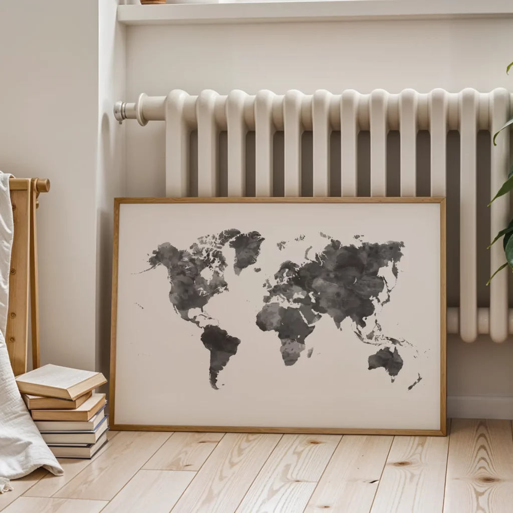Affiche murale noir et blanc encadrée dans un salon