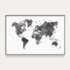 Carte du monde minimaliste noir et blanc sur mur blanc - Affichéo