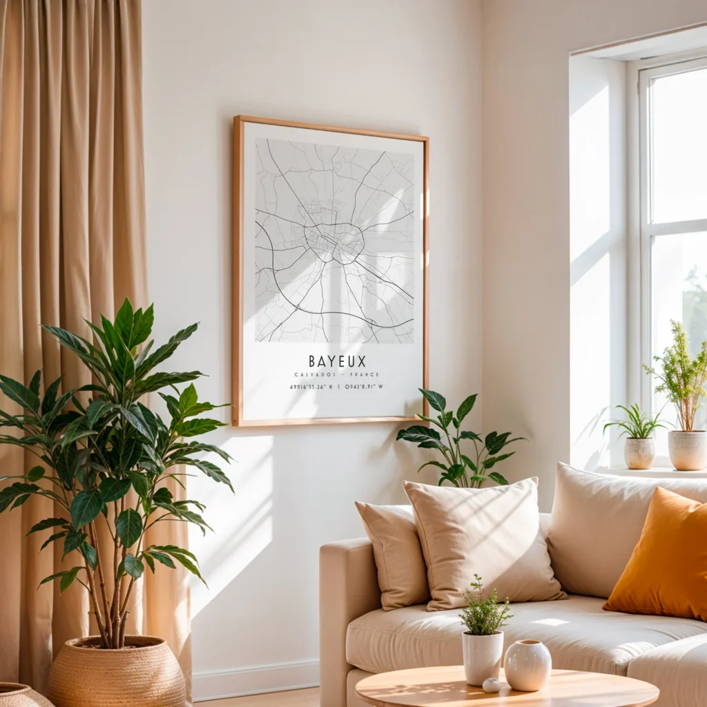 Plan des rues de Bayeux en noir et blanc encadrée et posée au sol