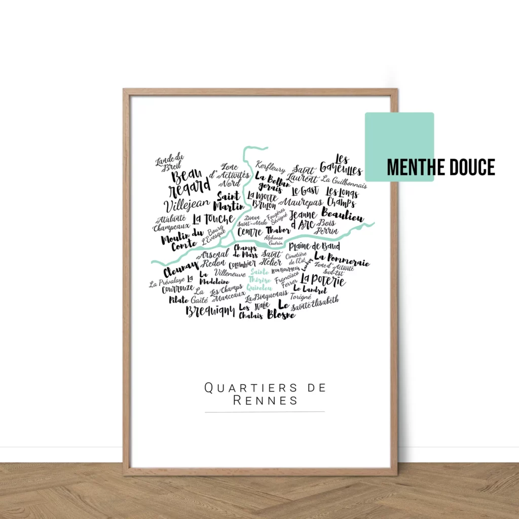 Affiche de Rennes avec les noms des quartiers personnalisable - Affichéo
