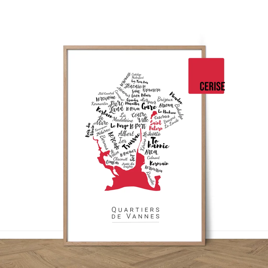 Affiche de Vannes avec les noms des quartiers personnalisable - Affichéo