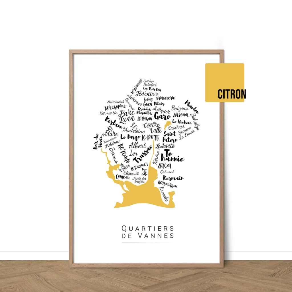 Affiche de Vannes avec les noms des quartiers personnalisable - Affichéo