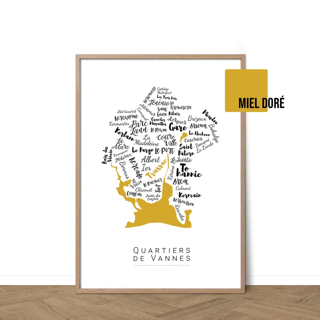 Affiche de Vannes avec les noms des quartiers personnalisable - Affichéo