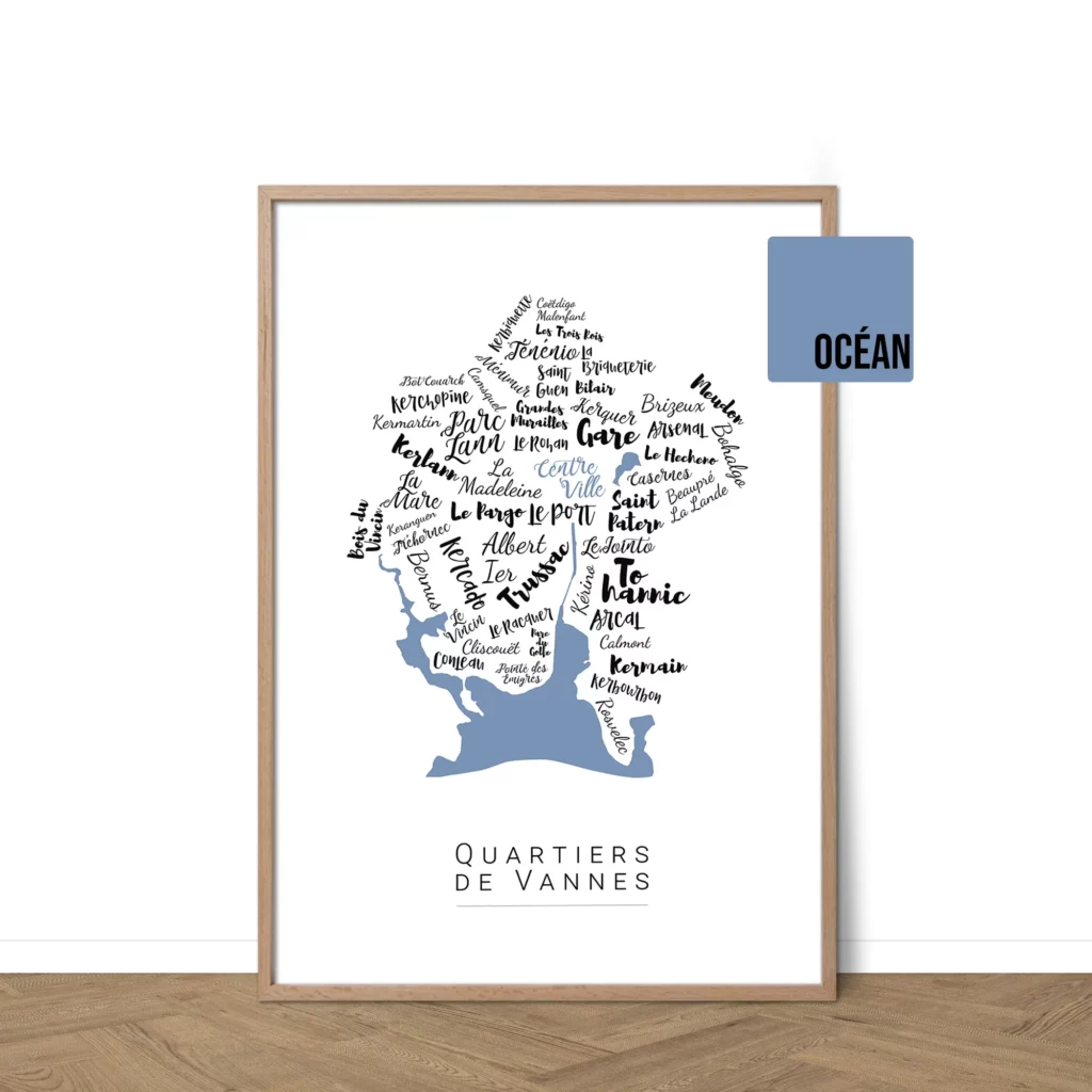 Affiche de Vannes avec les noms des quartiers personnalisable - Affichéo